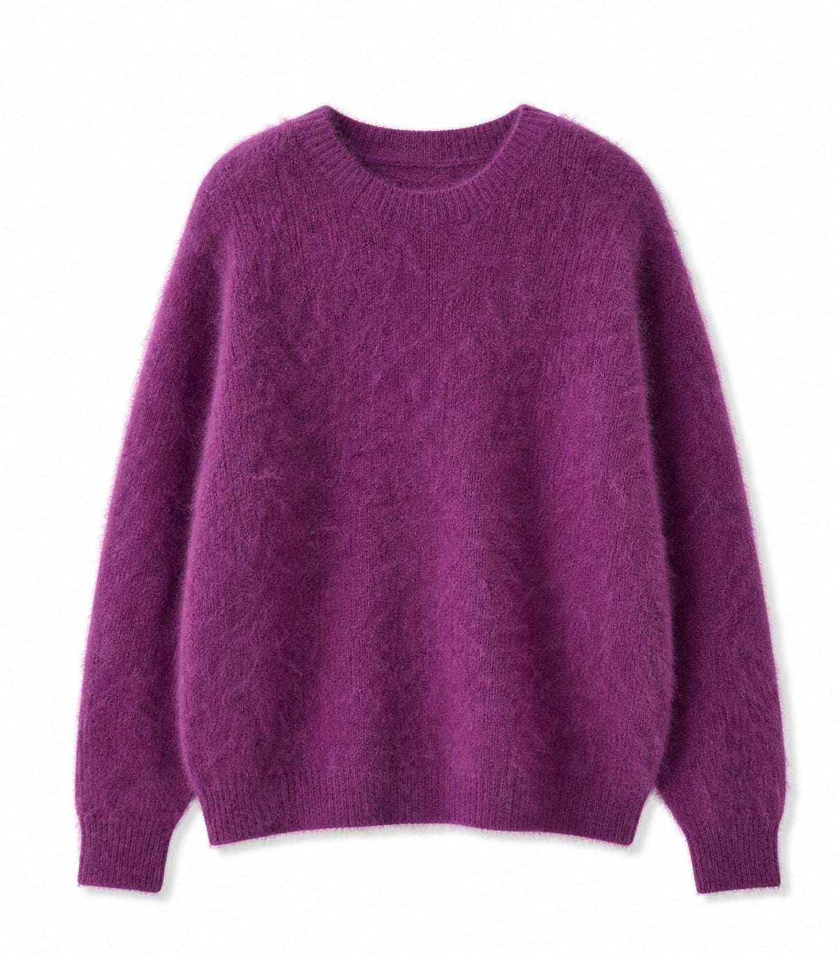 Women’s crew neck cashmere sweater in dark purple brushed knit with ribbed trim