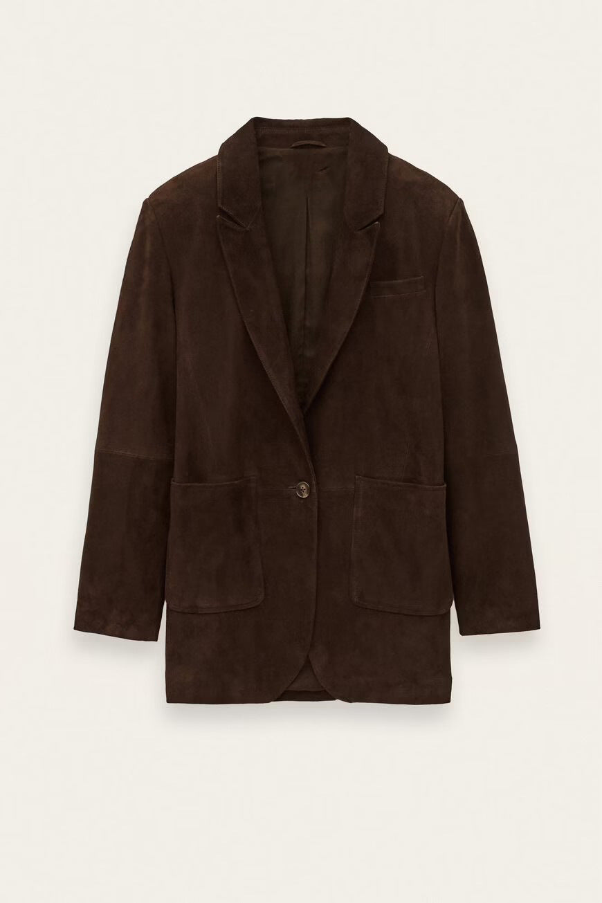 Dark brown suede blazer with notched lapels, one button, and two front patch pockets