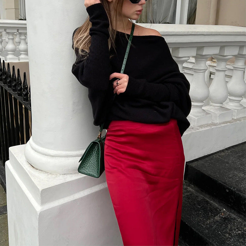 Black off-shoulder pullover sweater with long sleeves and loose fit