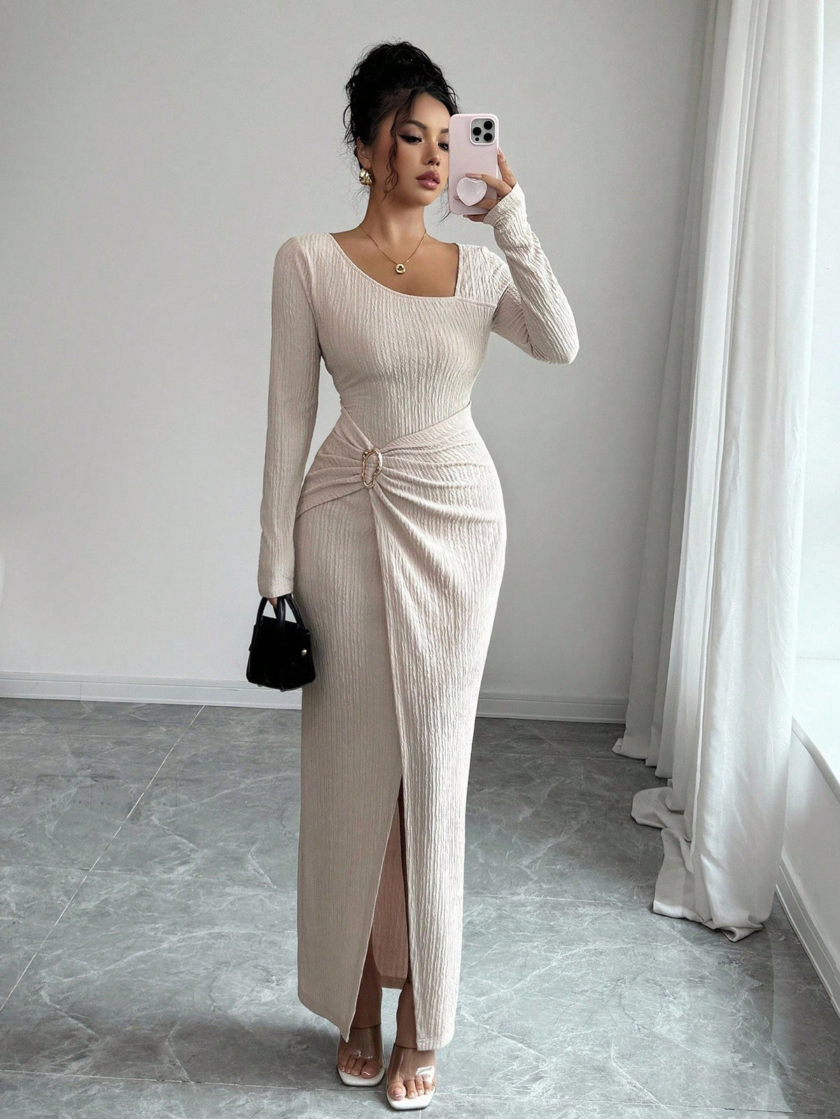 Cream ribbed bodycon maxi dress with long sleeves, scoop neck, and high side slit