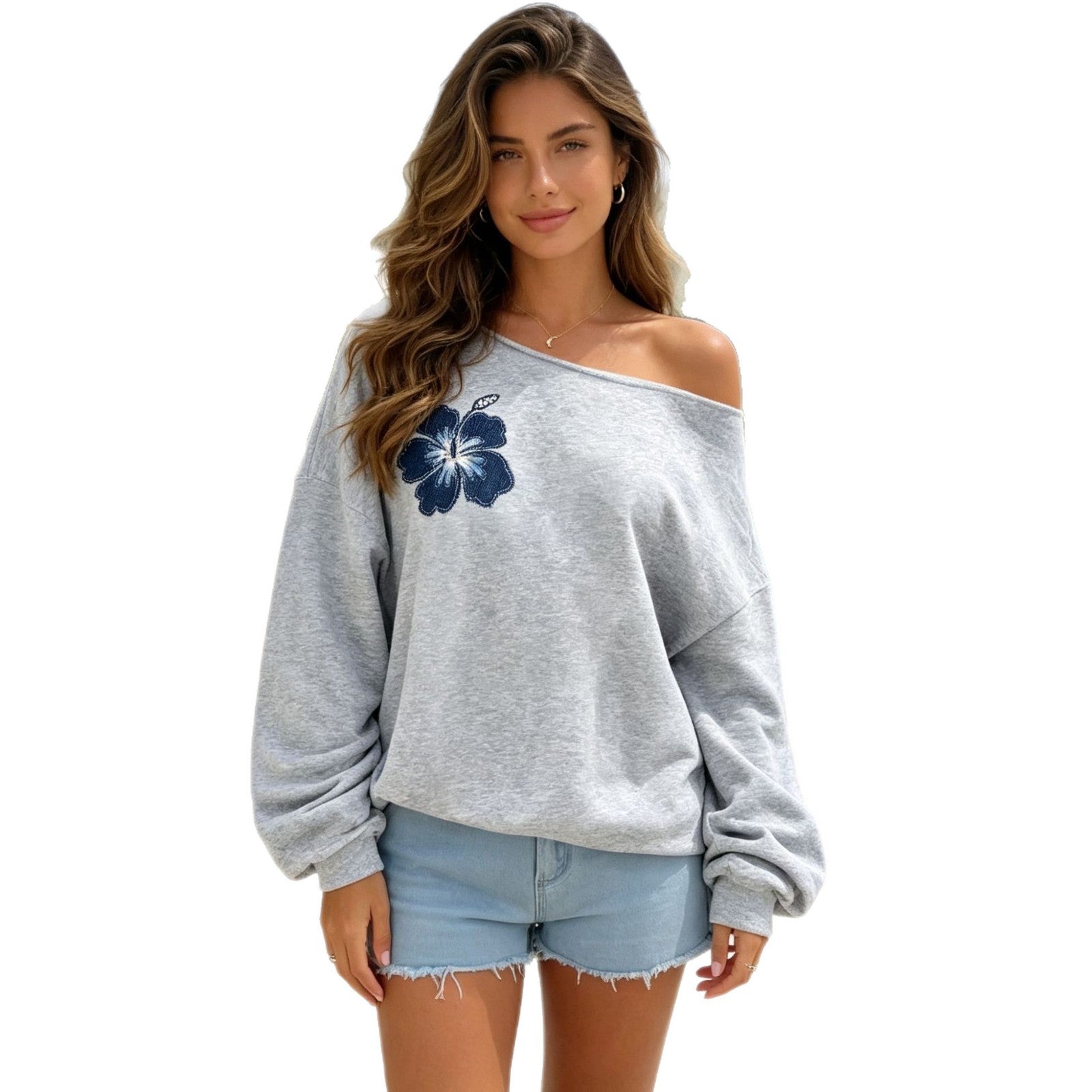 Off Shoulder Sweatshirt for Women — Oversized Embroidered Pullover in Soft Fleece