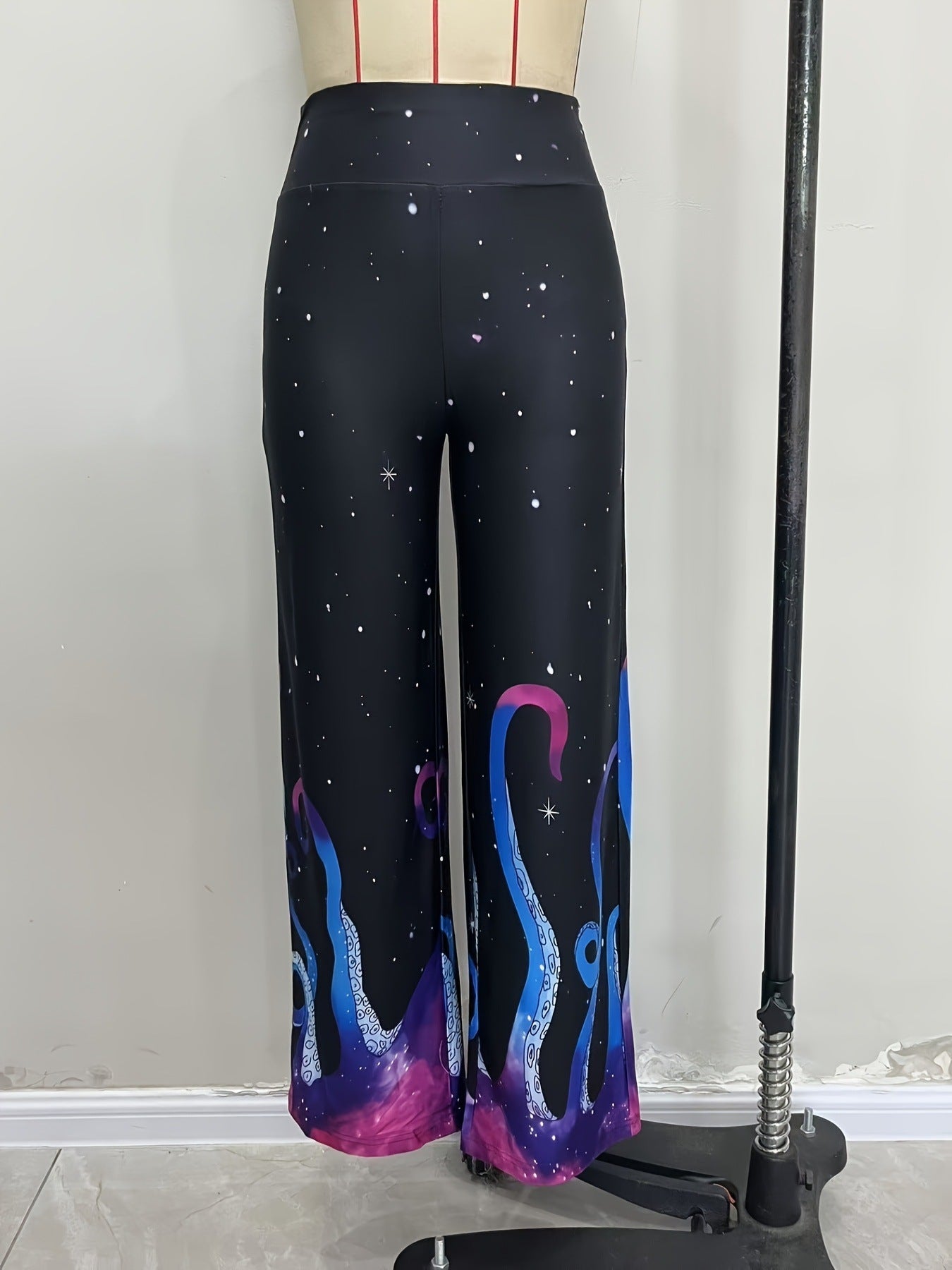 Wide Leg Pants for Women — High Waisted Flare with Graphic Hem Print in Polyester