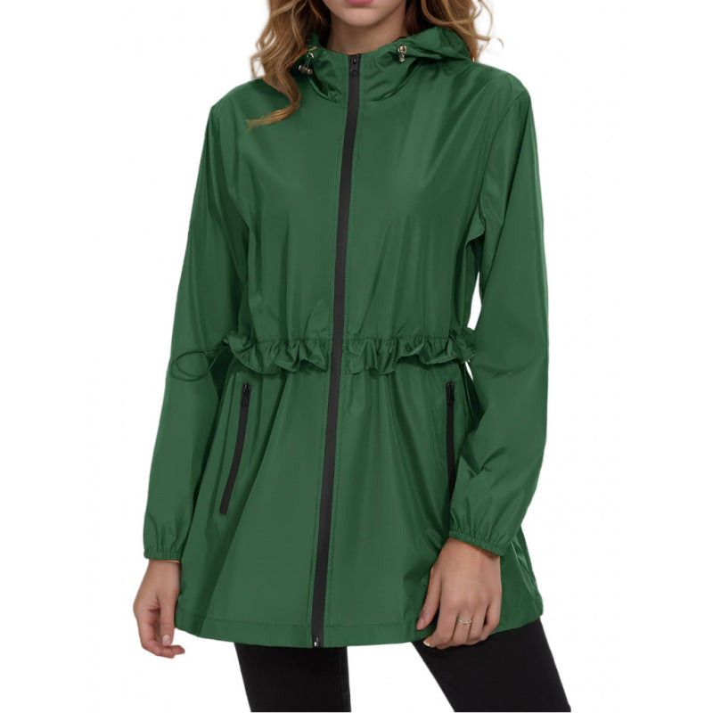 Dark green lightweight hooded windbreaker jacket with full-zip front, drawstring waist, pockets