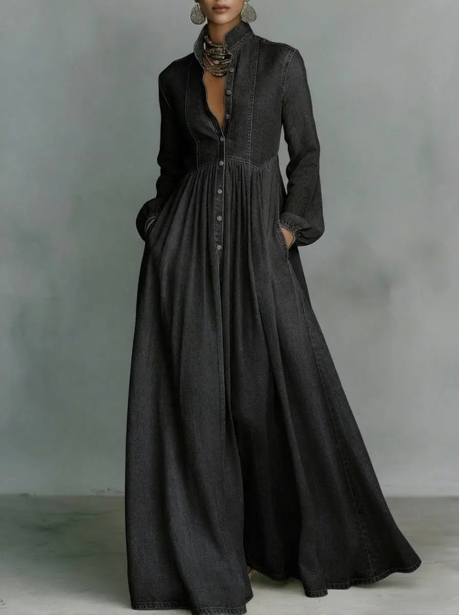 Black long denim maxi dress with V-neck, button front, long sleeves, gathered waist