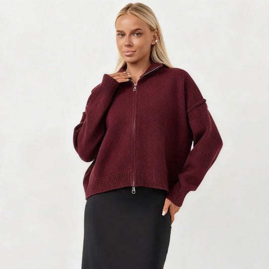 Women’s oversized zip-up cardigan sweater, burgundy funnel neck with full zipper.