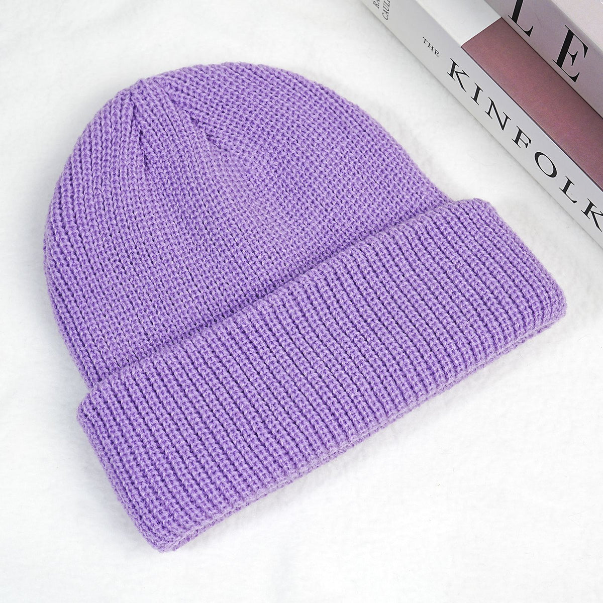 Thick knitted beanie hat in purple with ribbed cuff and folded brim