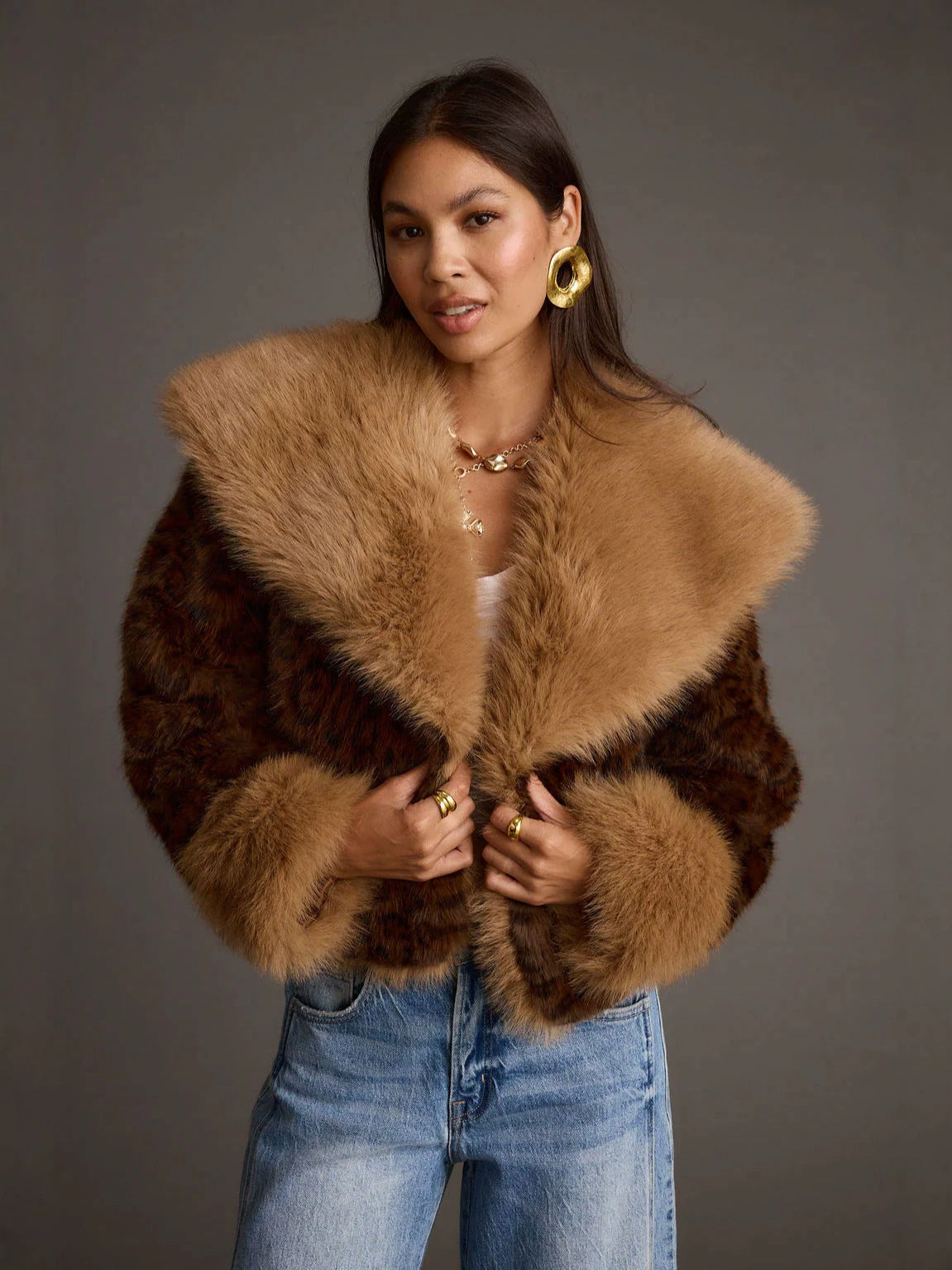 Brown leopard faux fur short coat with wide collar and front snap closure