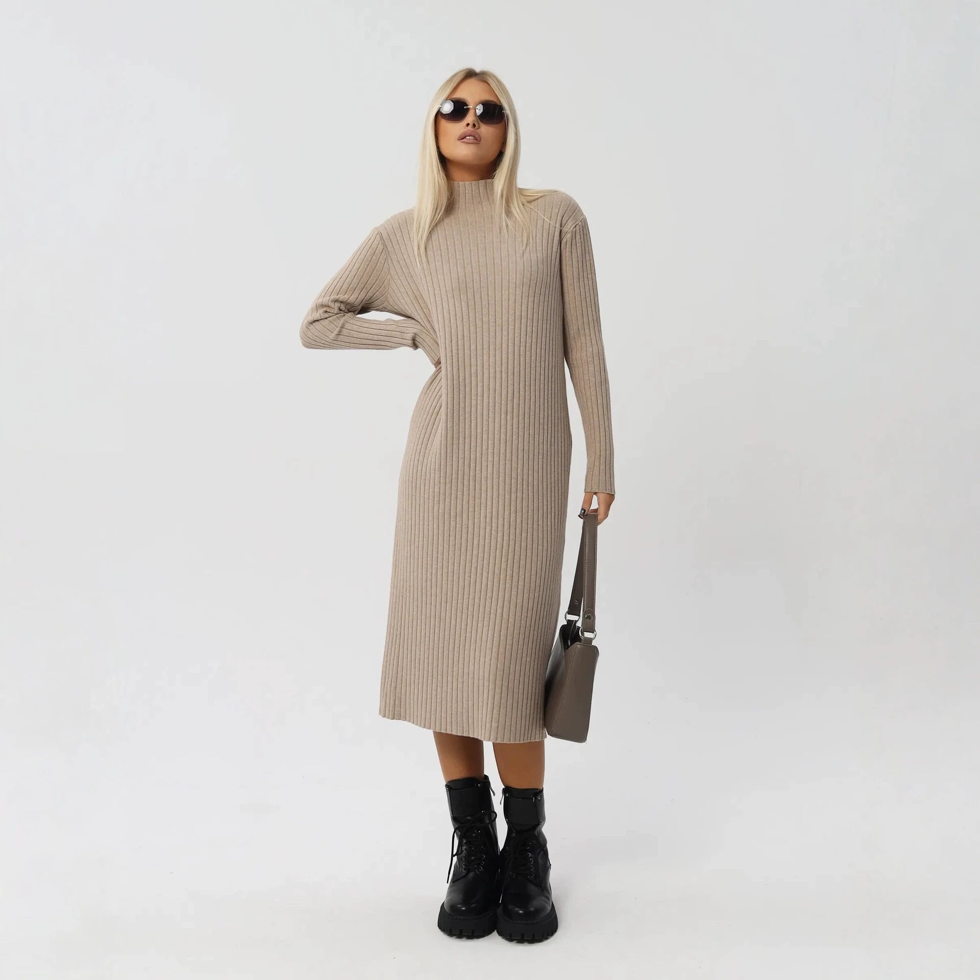 Oversized Sweater Dress in Midi Length — Mock Neck Ribbed Knit with a Relaxed Fit