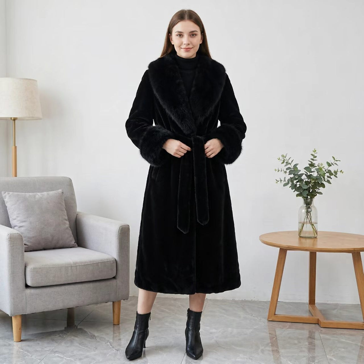 Black faux leather long belted trench coat with faux fur collar and sleeve cuffs