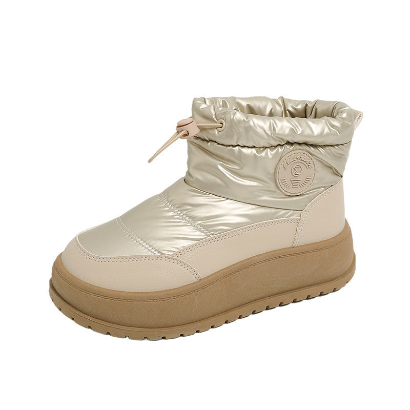 Women's khaki snow boot with drawstring padded collar and thick rubber outsole