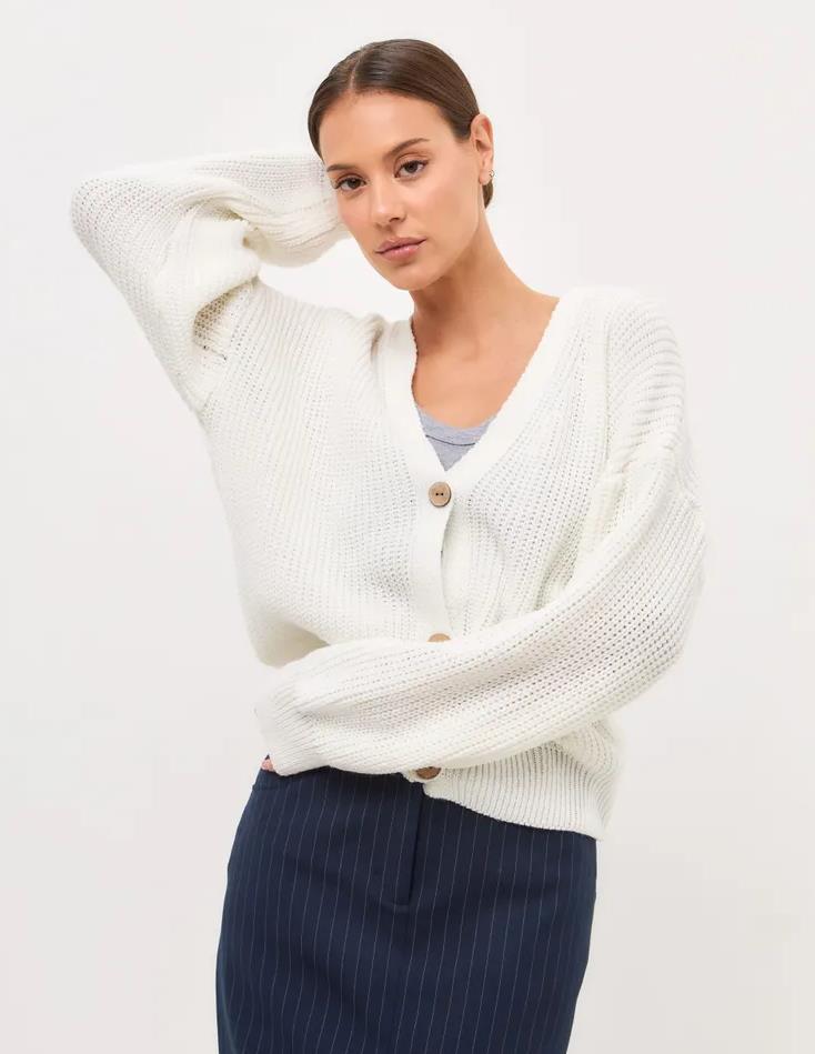 Cropped Cardigan for Women — Chunky Rib Knit with V Neck and Button Front