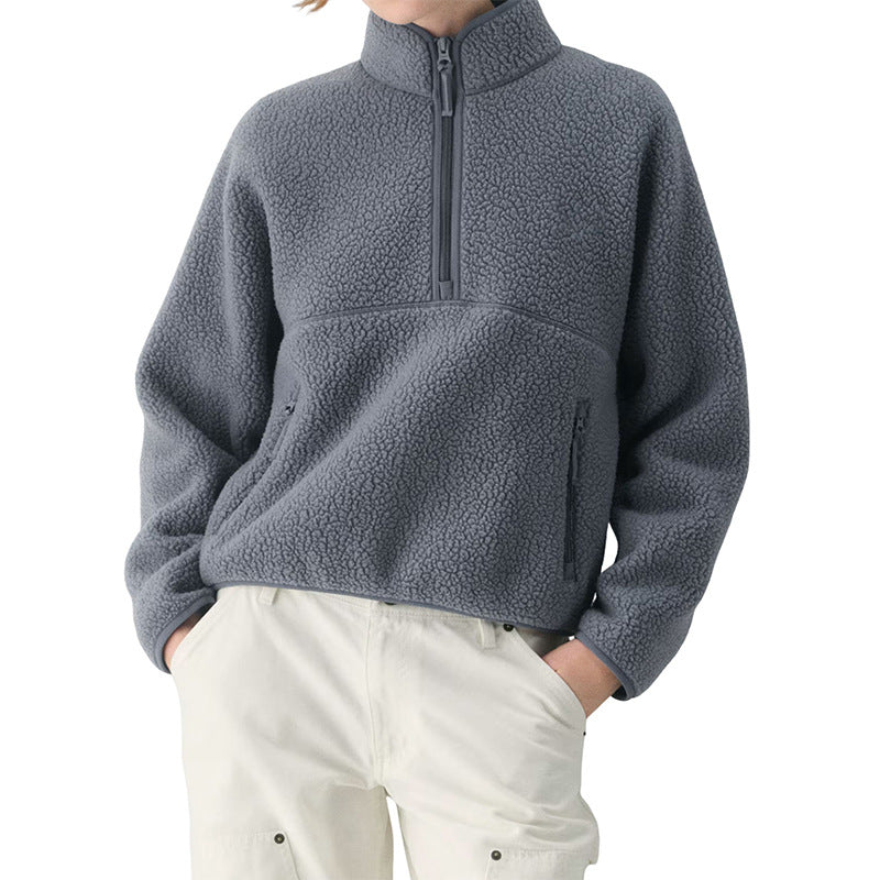 Women’s gray fleece quarter-zip pullover with front pocket and long sleeves