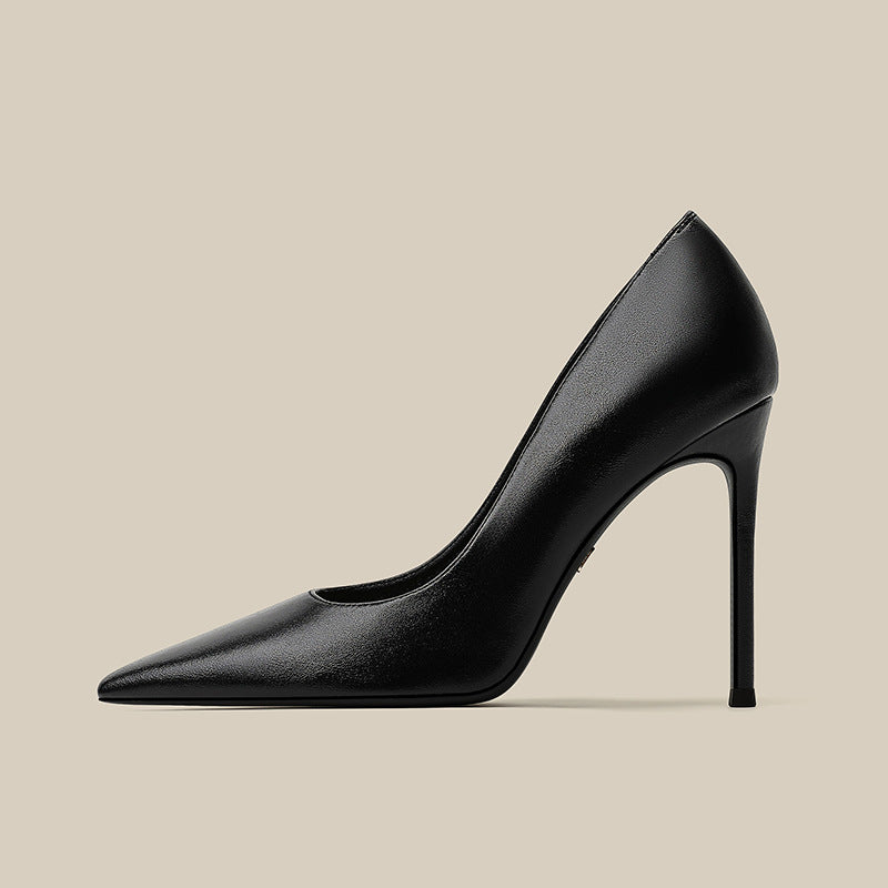 Women's black pointed-toe stiletto high heel pumps, side profile view
