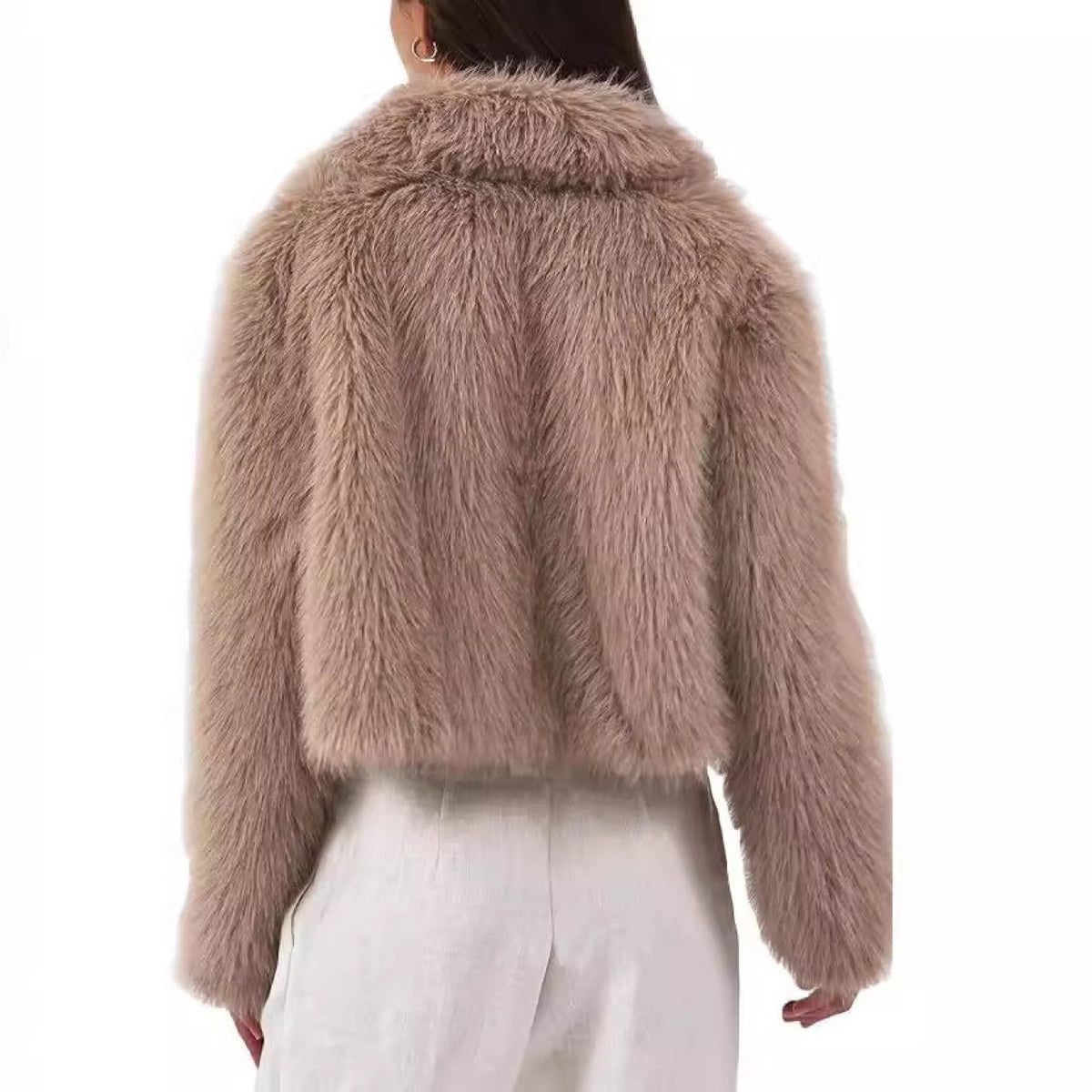 Women’s faux fur jacket, back view, long sleeves, zip front, light taupe shaggy