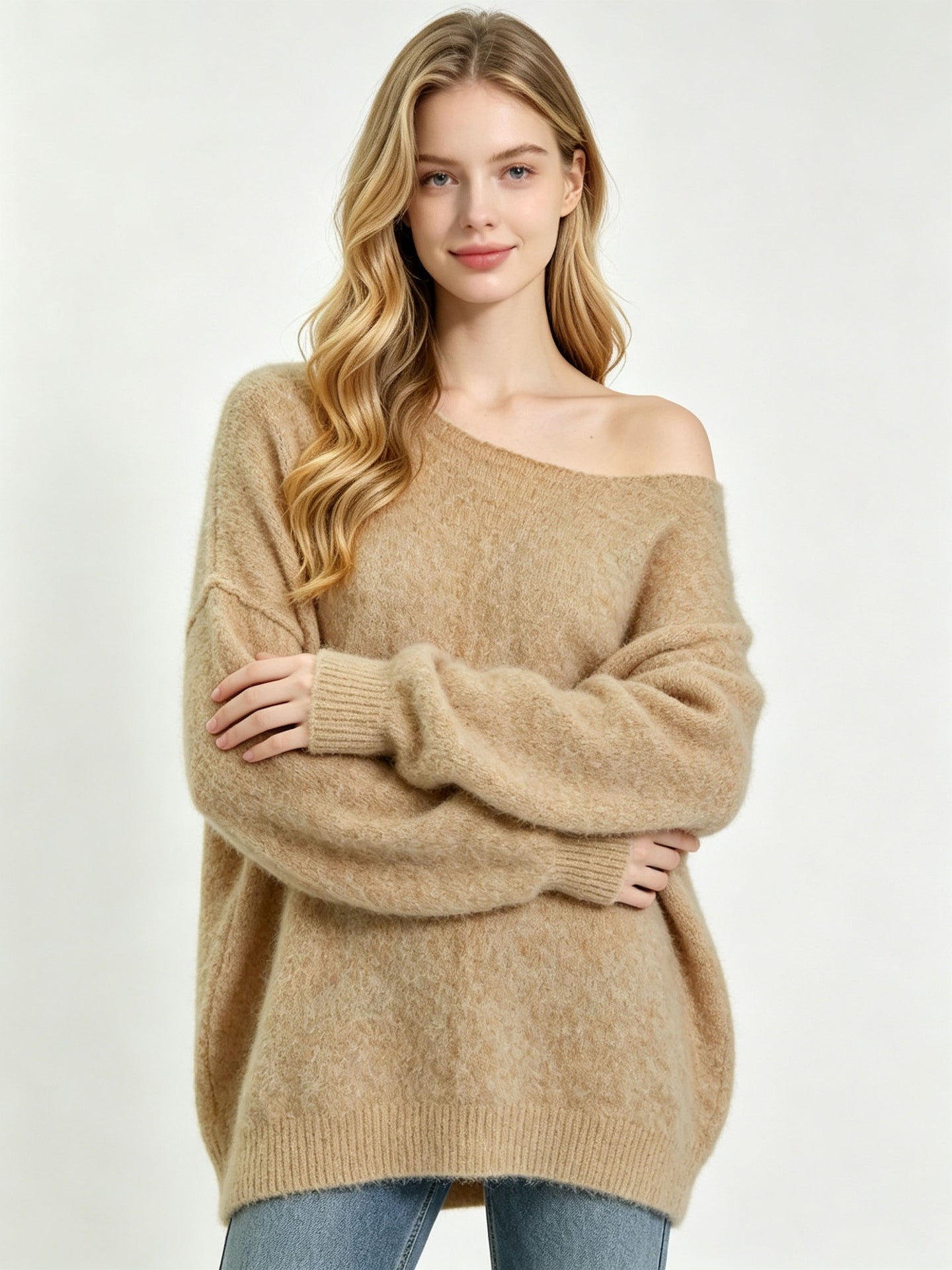 Mohair Sweater for Women — Off Shoulder Boat Neck Knit with Soft Oversized Drape