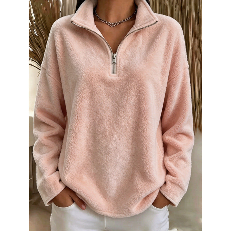 Women's fleece pullover with quarter-zip stand collar, pink