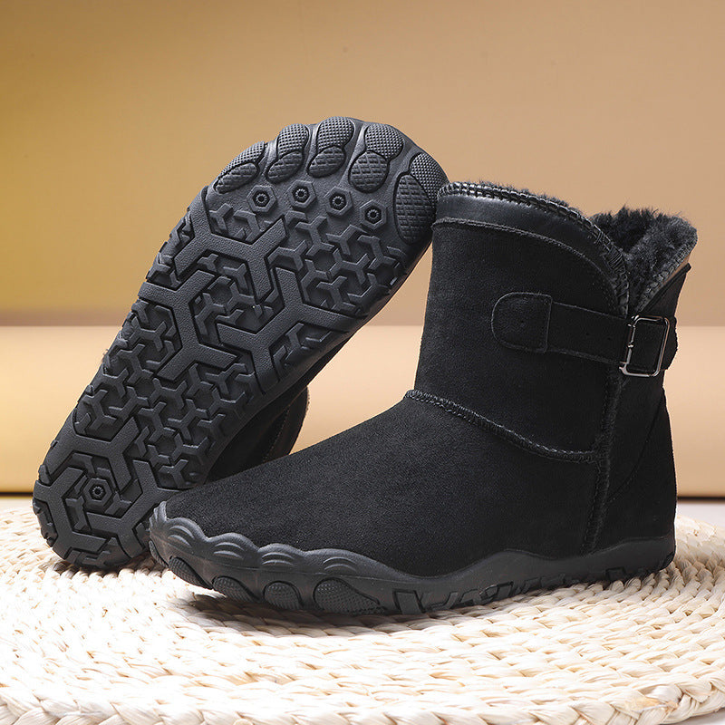 Women’s winter cotton snow boots, black suede with faux fur trim and side buckle