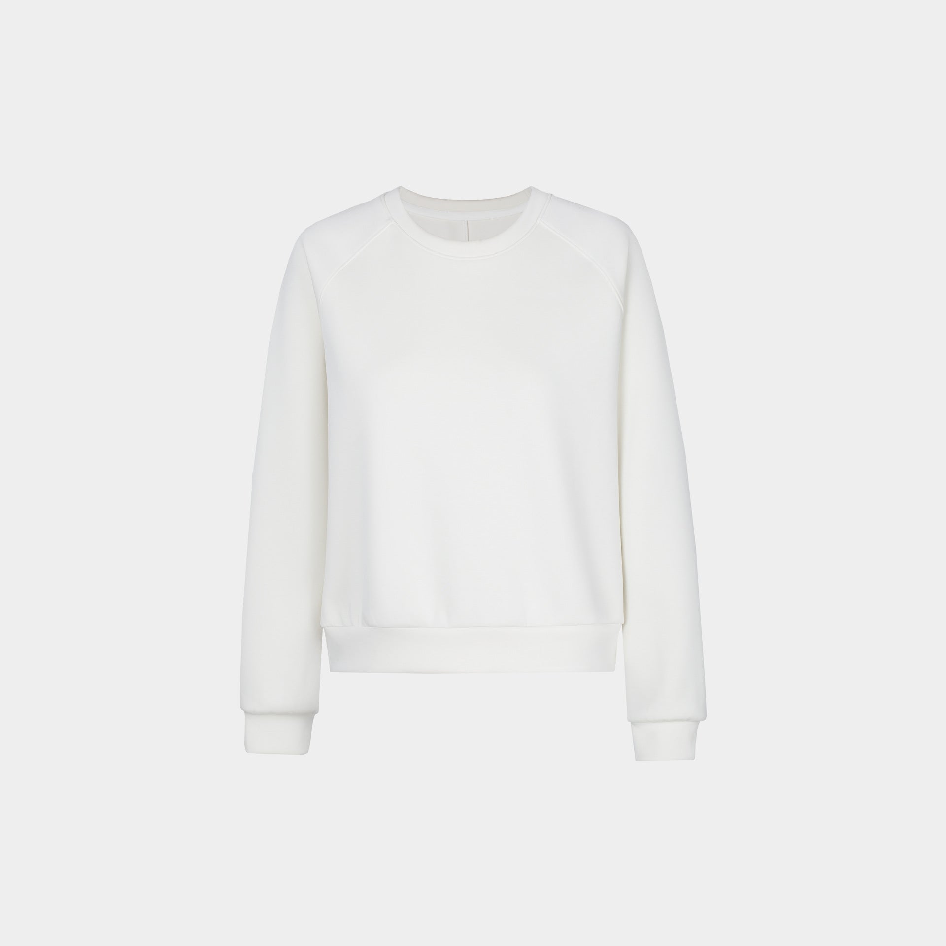 Women's white raglan sweatshirt, crew neck with ribbed hem and long sleeves