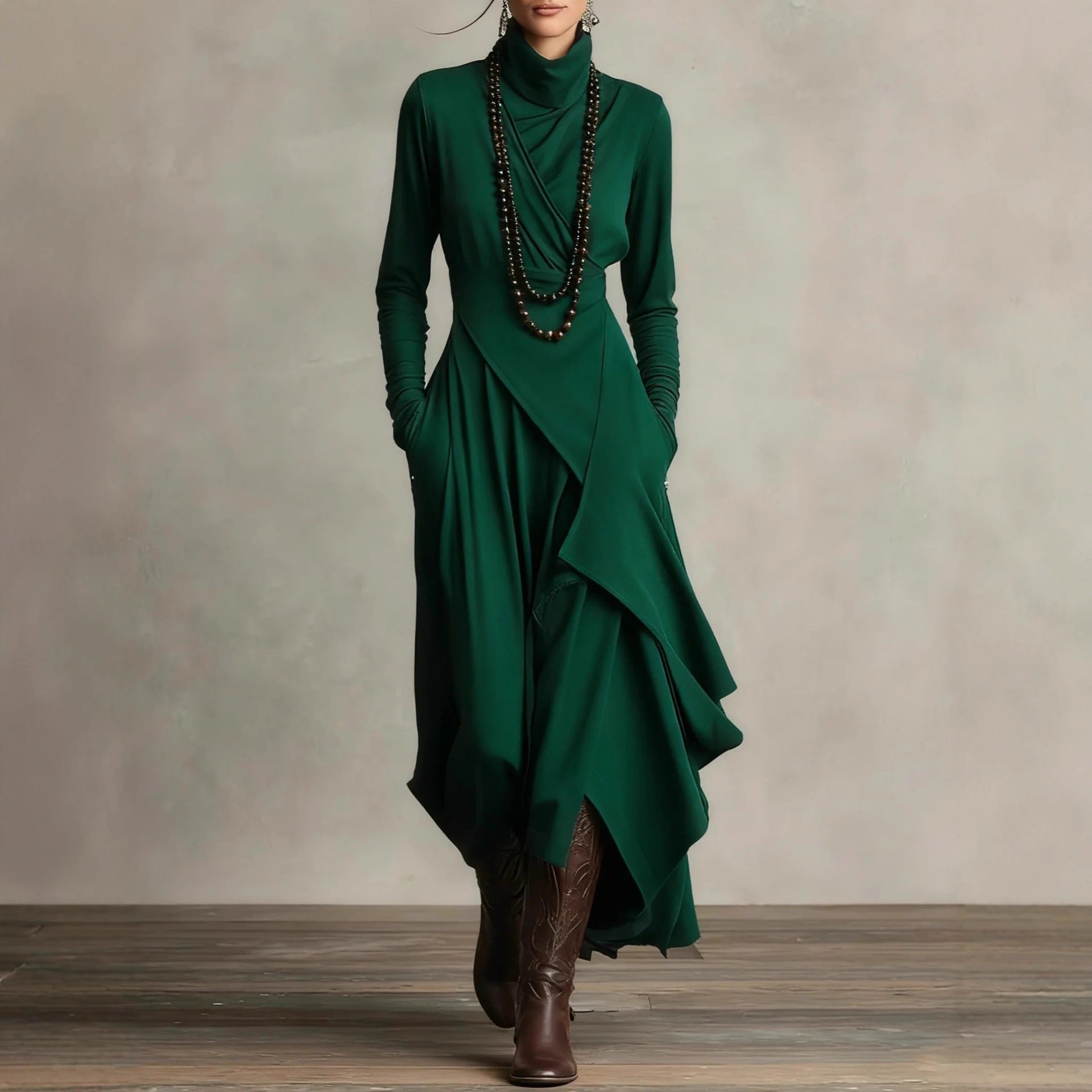 Turtleneck Maxi Dress — Long Sleeve Asymmetric Draped Skirt with Pockets in Viscose