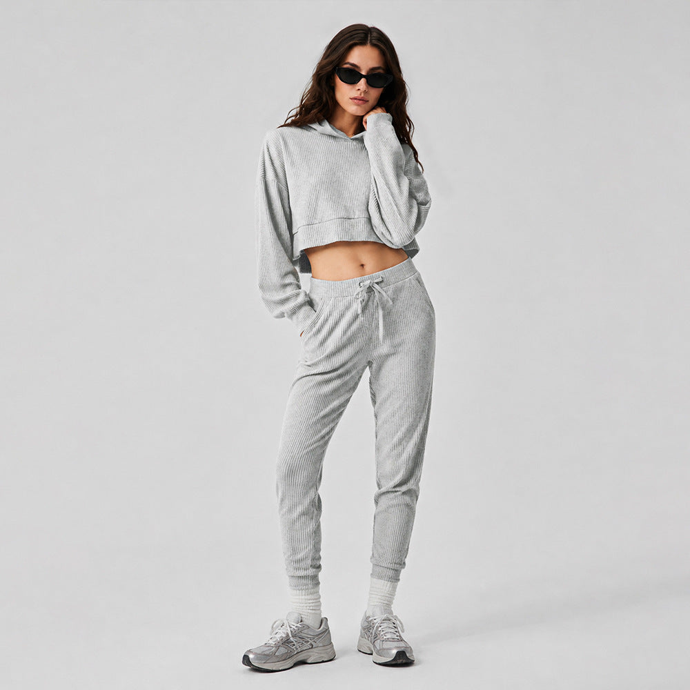 Women's light gray corduroy lounge set, hooded cropped top and drawstring joggers