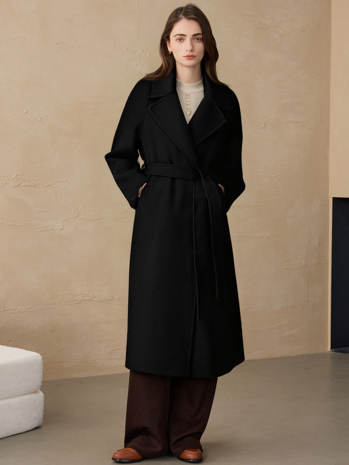 Long Wool Coat for Women — Double Faced Belted Wrap Style with Notch Lapel