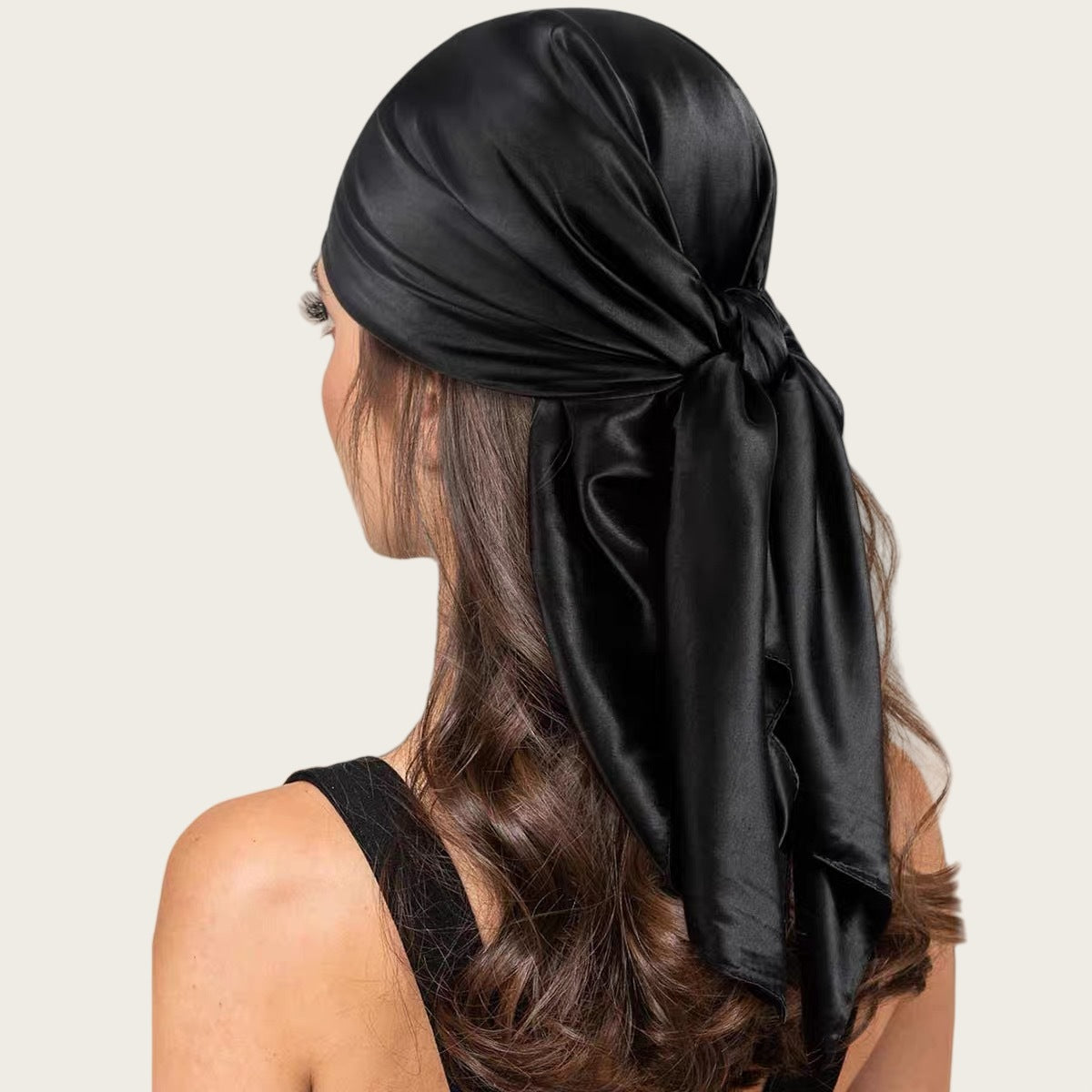 Satin square scarf for head in solid black with tied wrap style