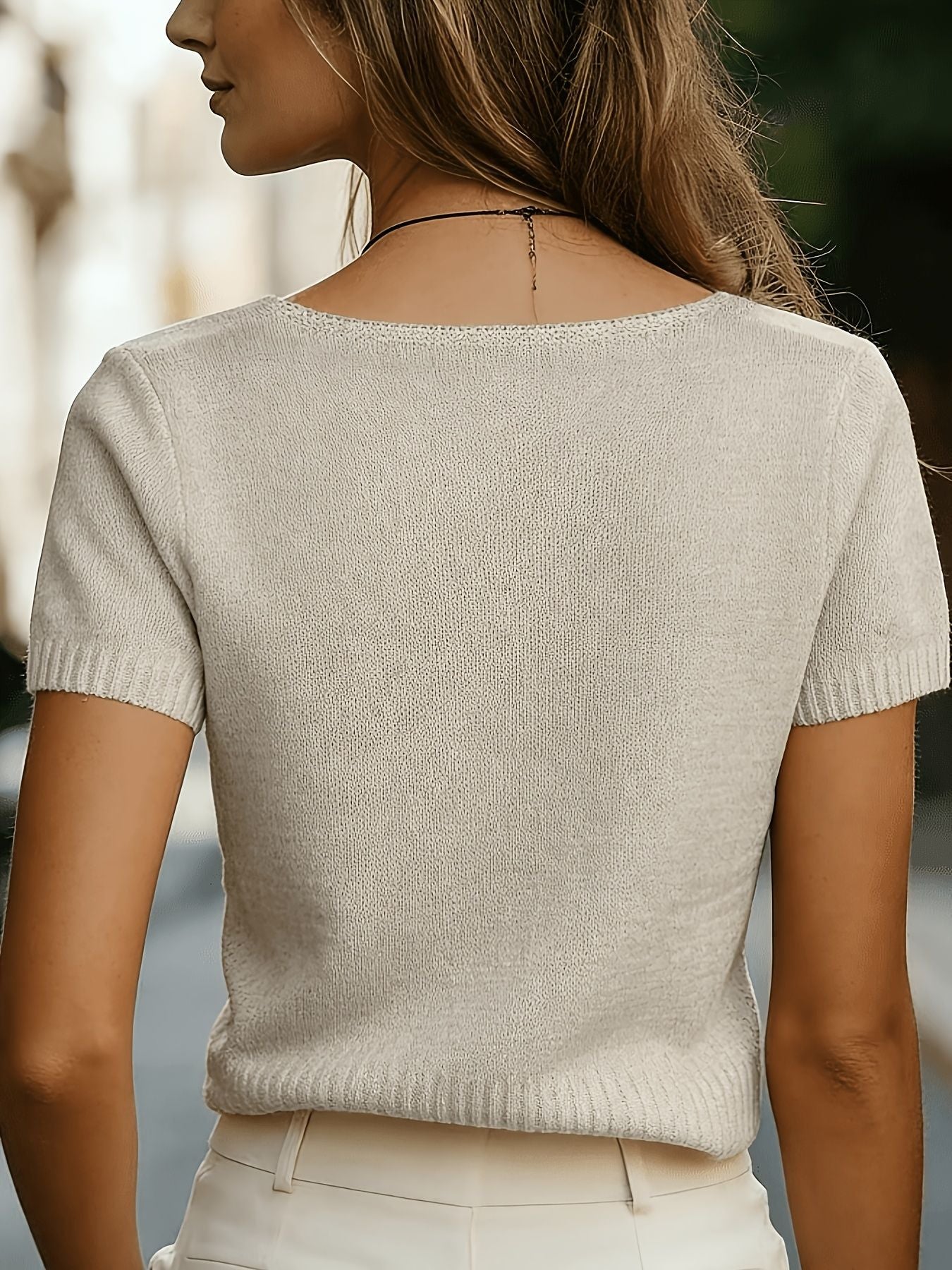 Short Sleeve Cable Knit Sweater — V Neck Pullover Top for Women in Soft Wool Blend