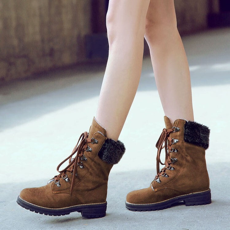 Brown suede lace-up winter boots with faux fur cuff and low-profile sole