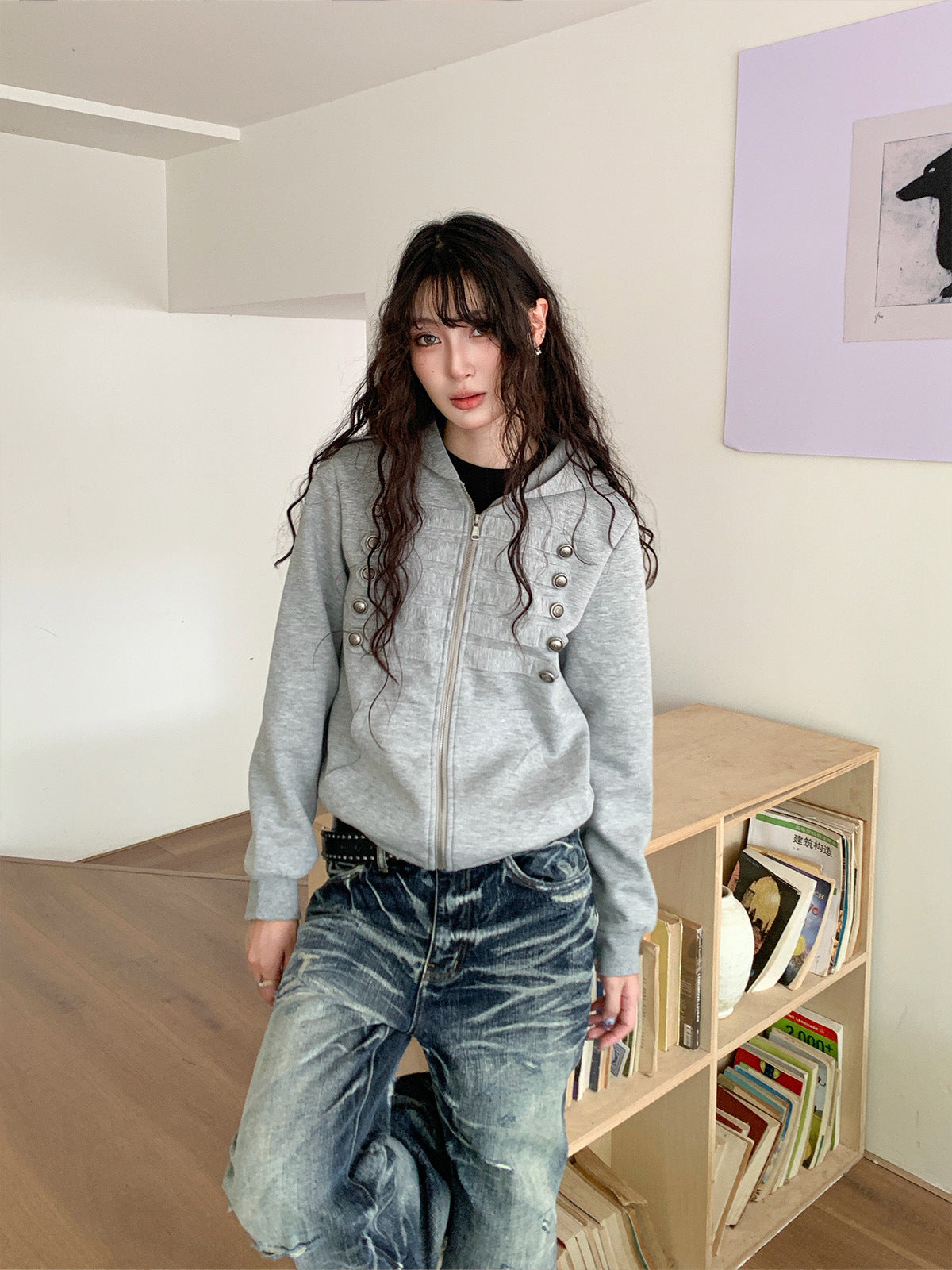 Gray hooded zip cardigan sweatshirt with metal double-breasted buttons and side pockets