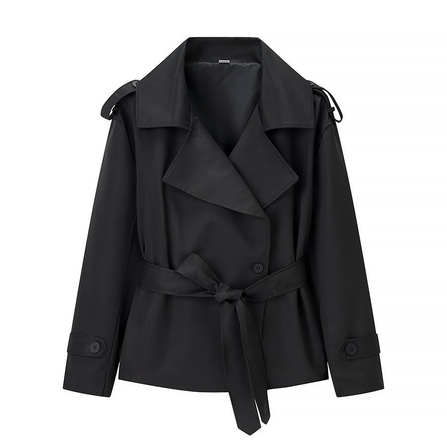 Black belted trench coat with notched lapels and tie waist, long sleeves