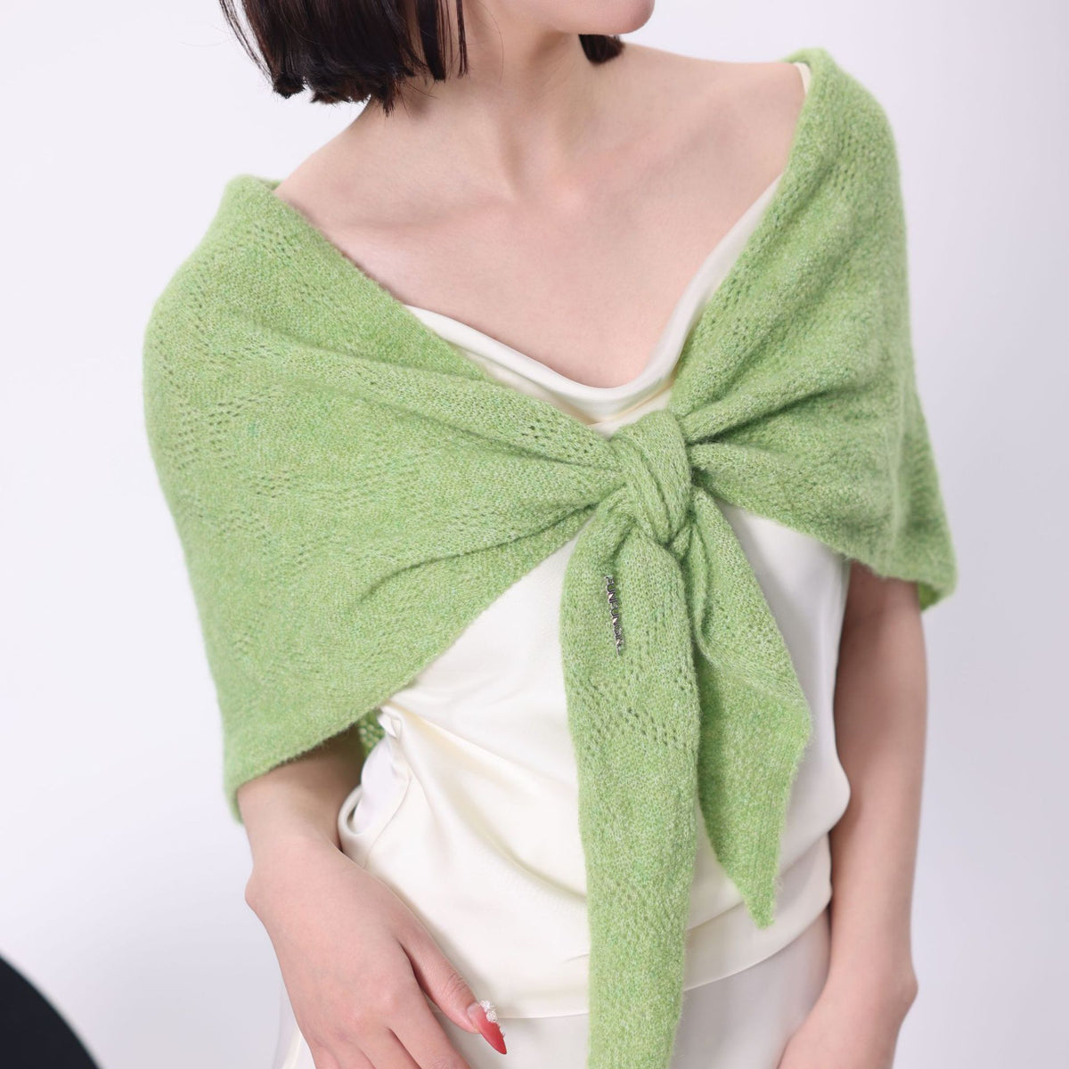 Green triangle knit scarf shawl with center tie-knot and pointed ends
