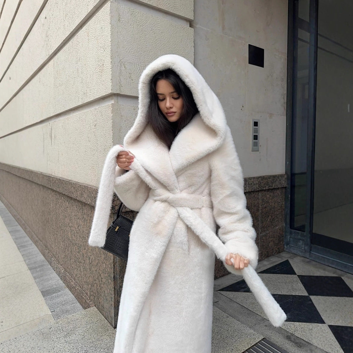 Faux Fur Coat for Women — Long Hooded Style with a Self Tie Belt and Shawl Collar