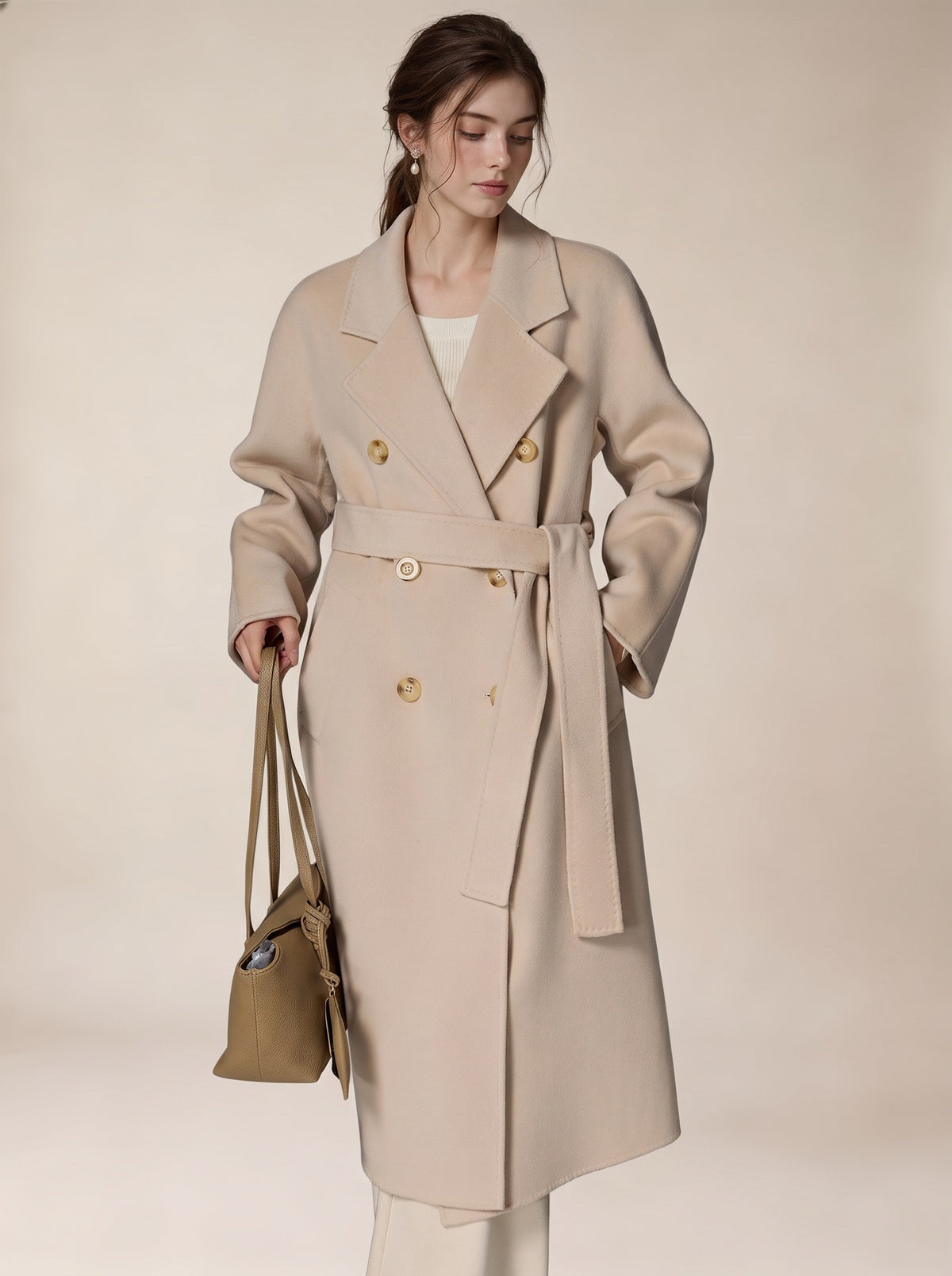 Long pearl white belted double-breasted wool coat with wide lapels