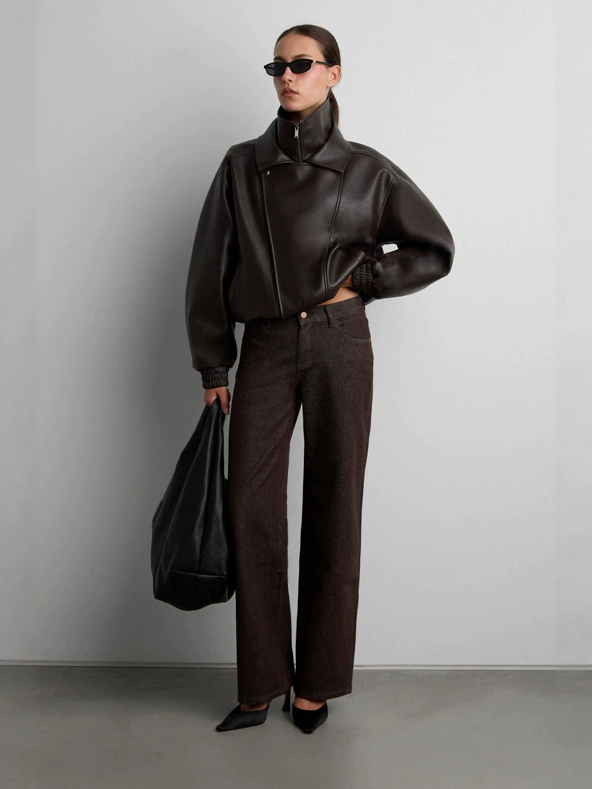 Faux Leather Jacket for Women — Oversized Cropped Moto with an Asymmetric Zip