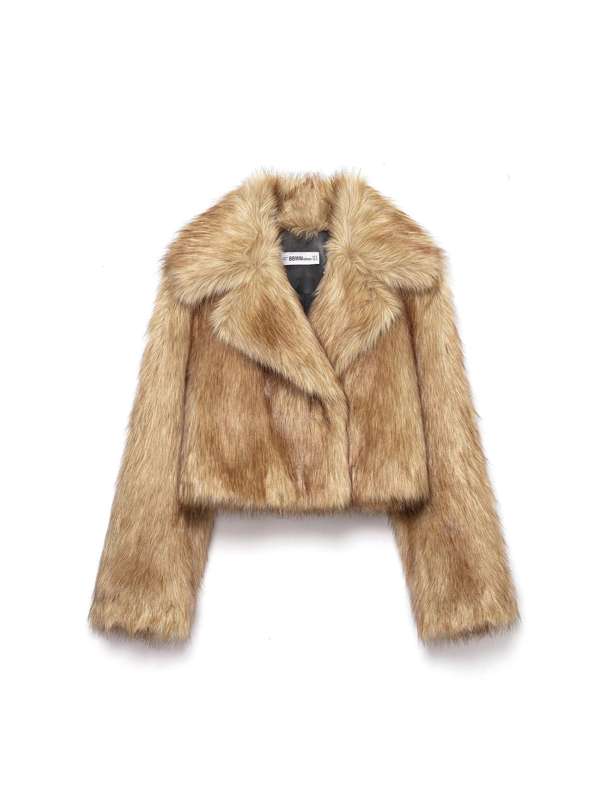 Cropped faux fur jacket, tan brown shaggy pile, open front with wide collar