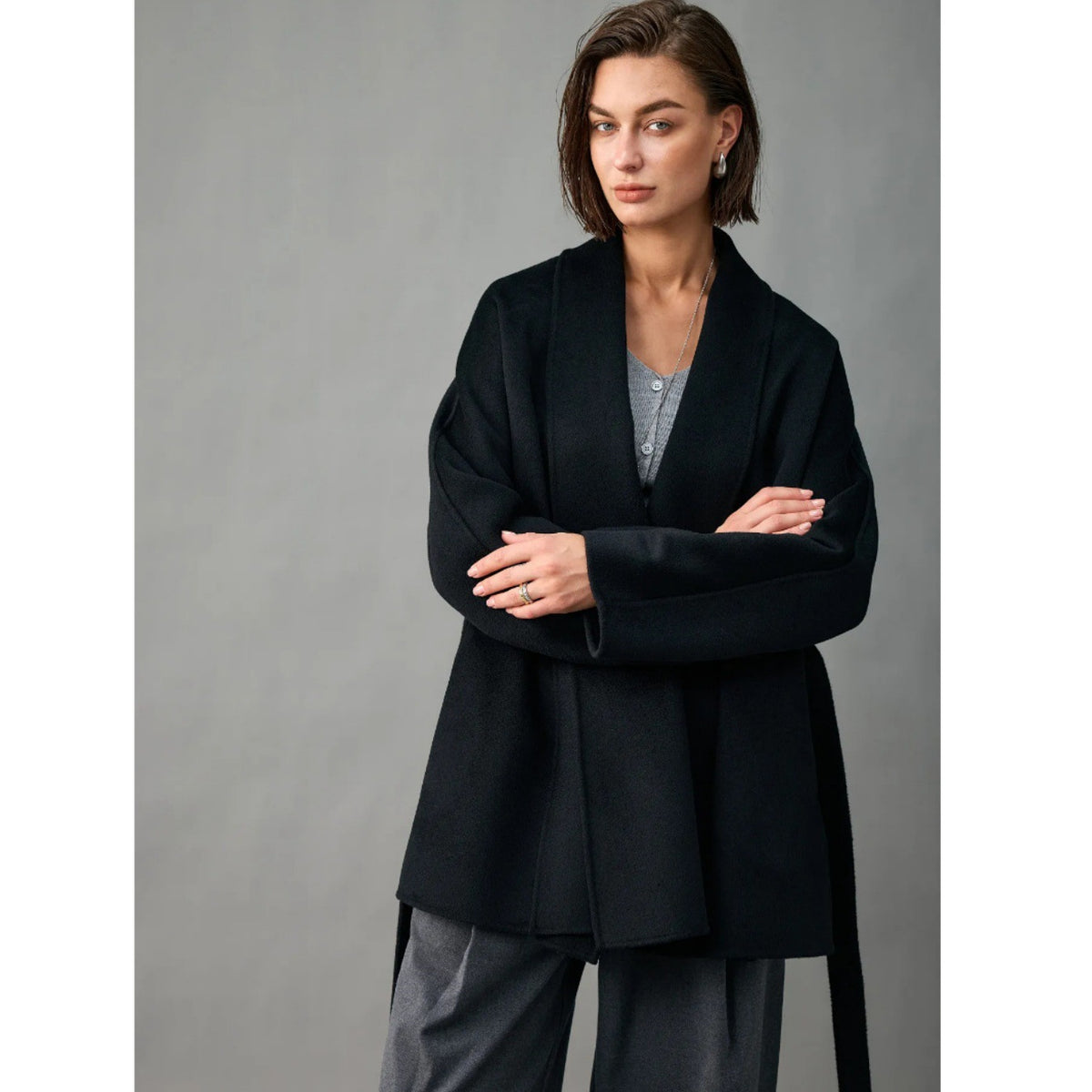 Wool Wrap Coat for Women — Shawl Collar Open Front with a Self Tie Belt
