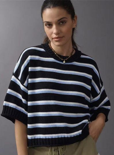 Women’s striped knit sweater, navy and white horizontal stripes, short sleeves