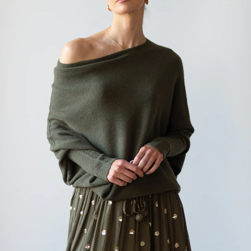 Army green off-shoulder pullover sweater with long sleeves and relaxed fit