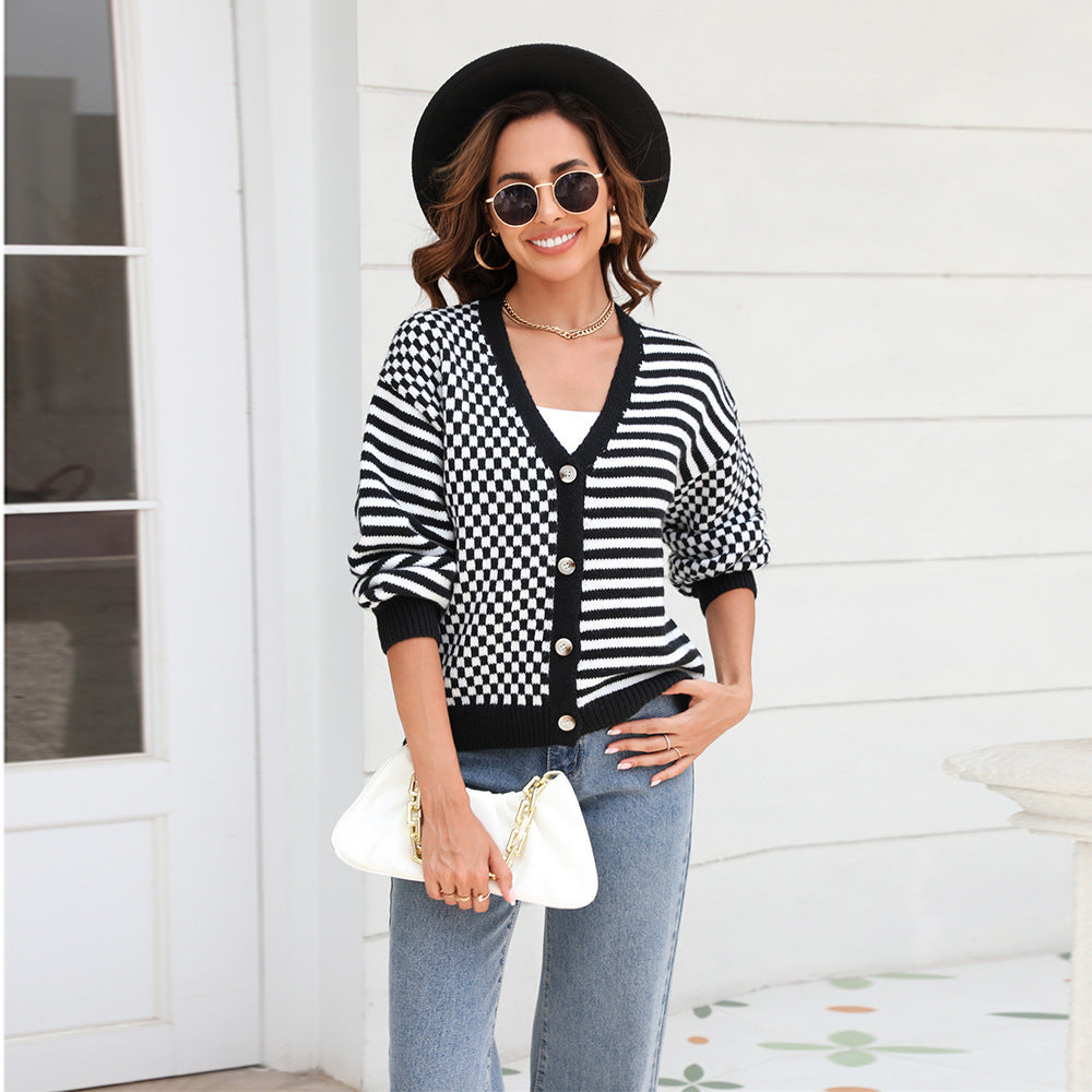 Women’s black-and-white checker knit cardigan with V-neck, button front, ribbed cuffs
