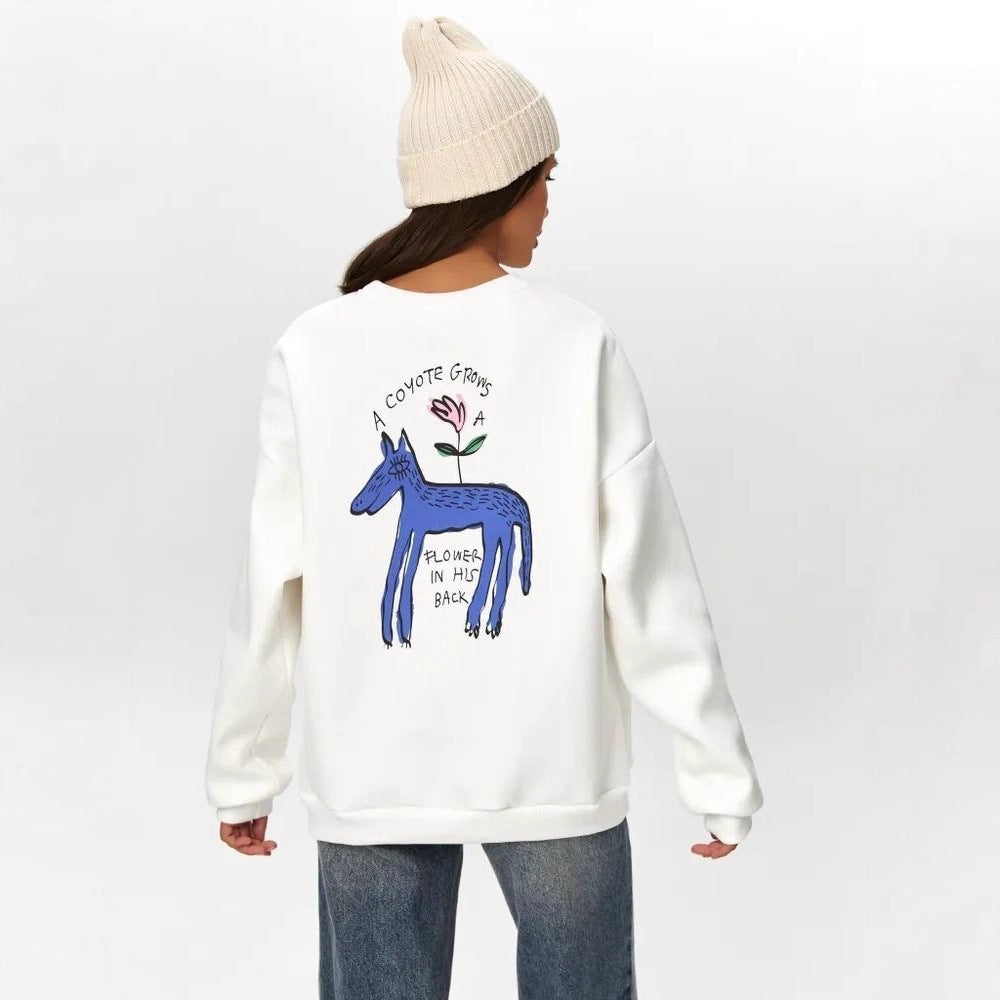 Graphic Sweatshirt for Women — Oversized Crew Neck with Coyote Back Print in Cotton Fleece