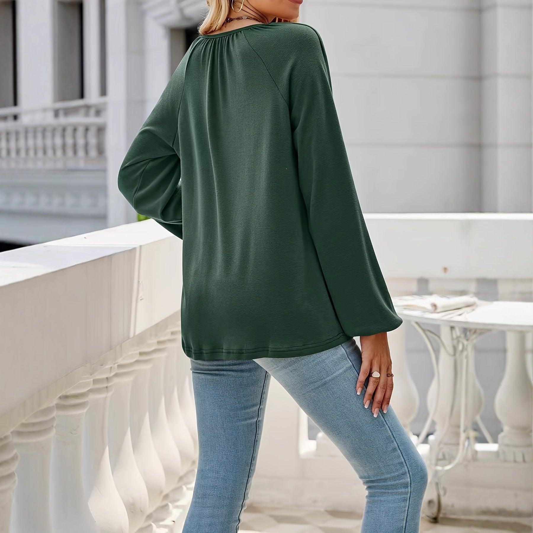Flowy Long Sleeve Top for Women — Loose V Neck Fit with Balloon Sleeves in Viscose