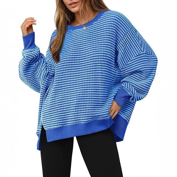 Oversized Waffle Knit Sweatshirt for Women — Striped Drop Shoulder Pullover in Cotton
