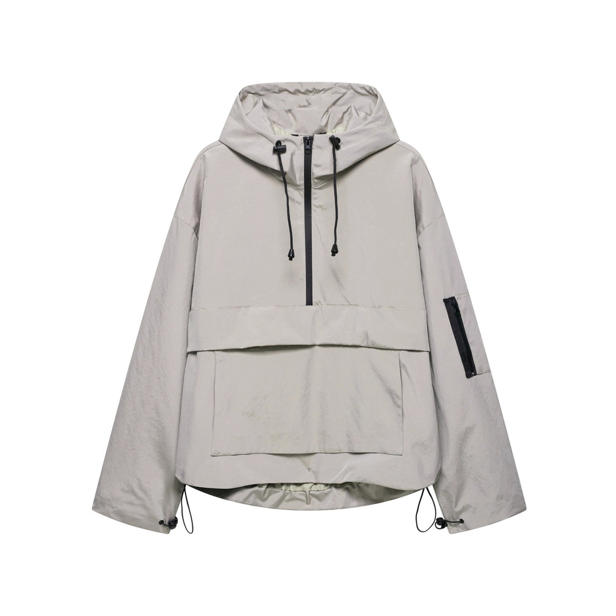 Women’s hooded windproof jacket in light gray with drawstring hood and center zipper