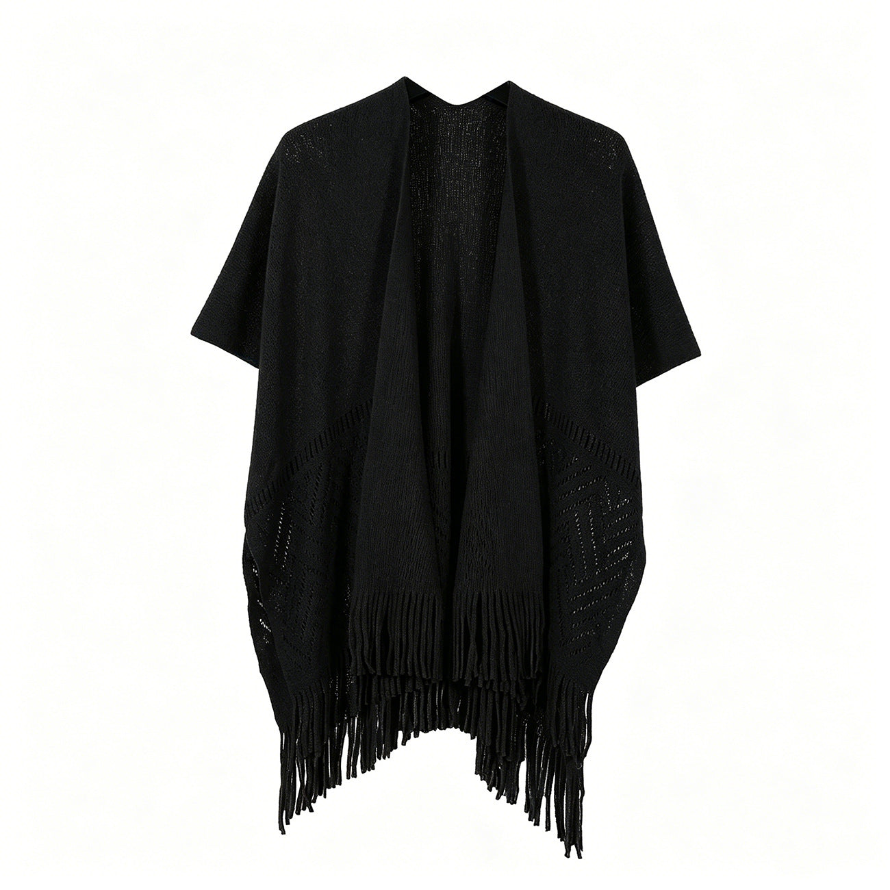 Black knitted shawl cape with openwork panels and long tassel fringe