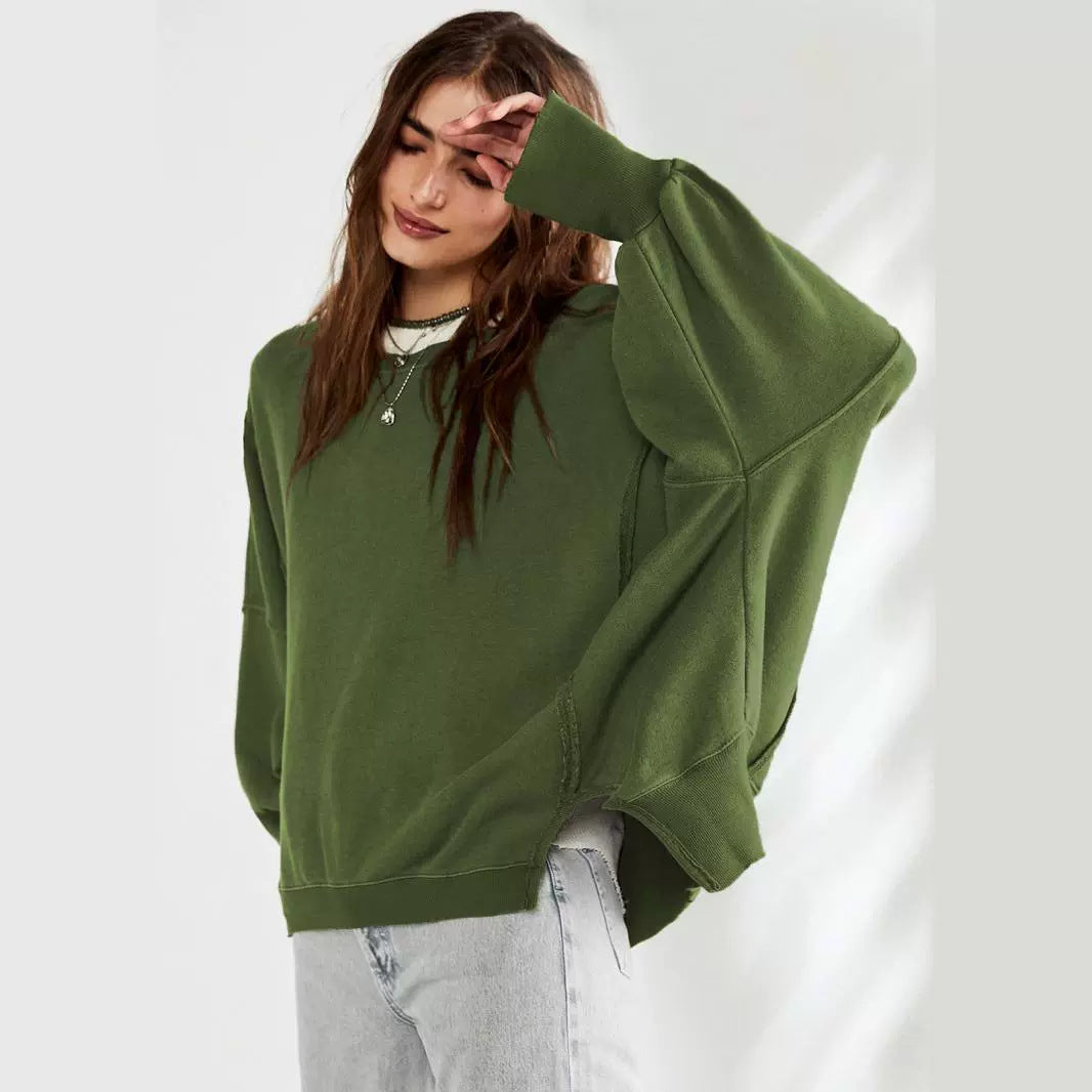 Military green oversized crewneck sweatshirt with long sleeves and a wide fit
