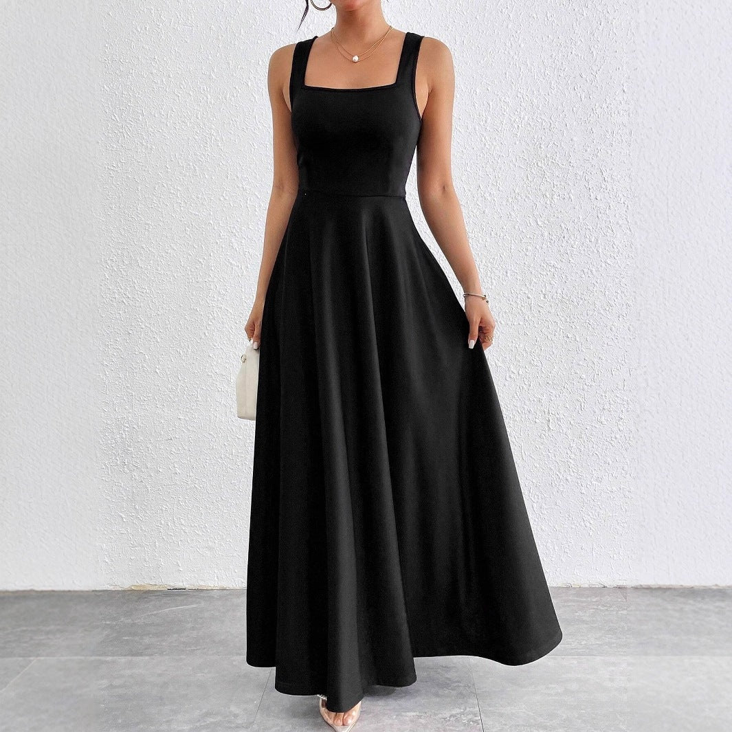 Women's square-neck sleeveless maxi dress in black, fitted bodice with flared skirt