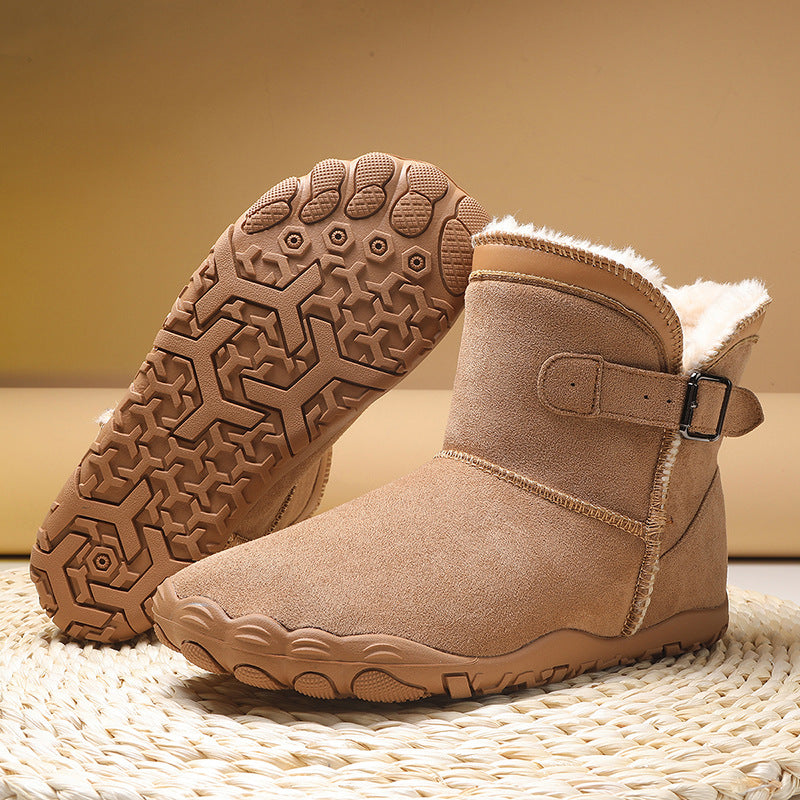 Women’s winter cotton snow boots, camel suede with faux fur lining and grippy tread