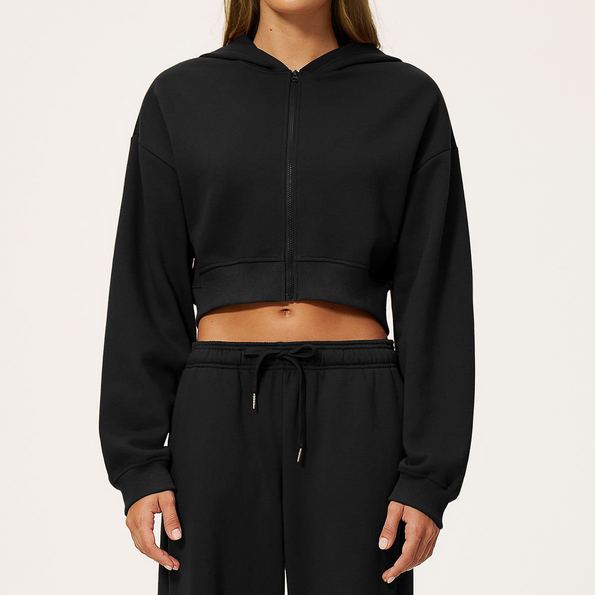 Women’s cropped zip hooded sweatshirt, black, front zipper and long sleeves