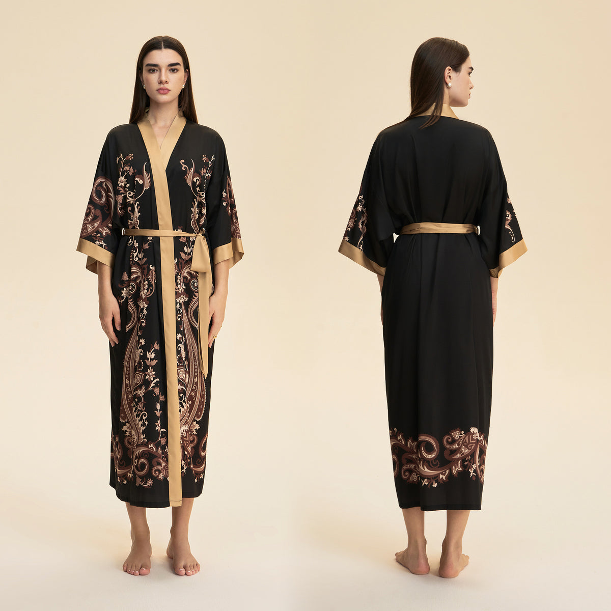 Black satin V-neck robe nightgown with gold ornate print and tie belt, mid-calf length