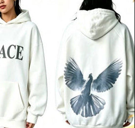 Oversized Graphic Hoodie for Women — Dove Back Print Pullover in Cotton Fleece